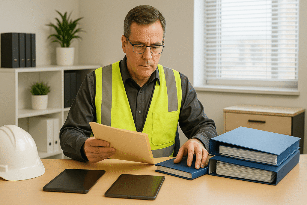 a man in a reflective vest reading a file