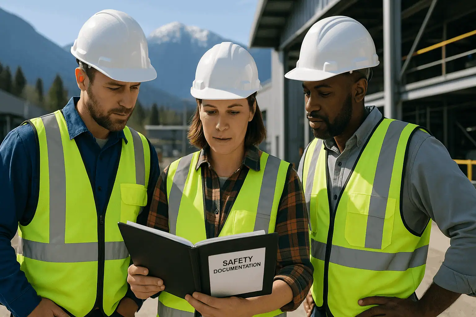 3 safety personnel are going over safe documentation on the worksite