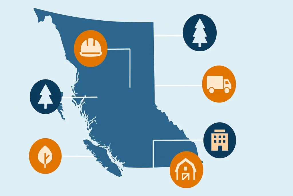 The Complete Guide to COR Certification in British Columbia (2025) 2 map of BC with industry symbols near areas where they are dominant