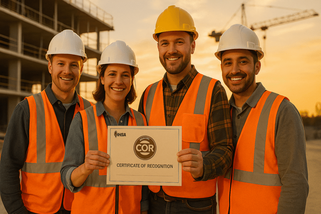 a group of people wearing safety vests and helmets holding a sign